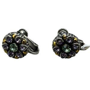 Mariana twist earrings floral handmade crystals purple green silver tone E-1401